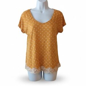 Rewind Polka Dot Lace Trim Top Crisscross Back Size L Yellow Mustard Boho Blouse